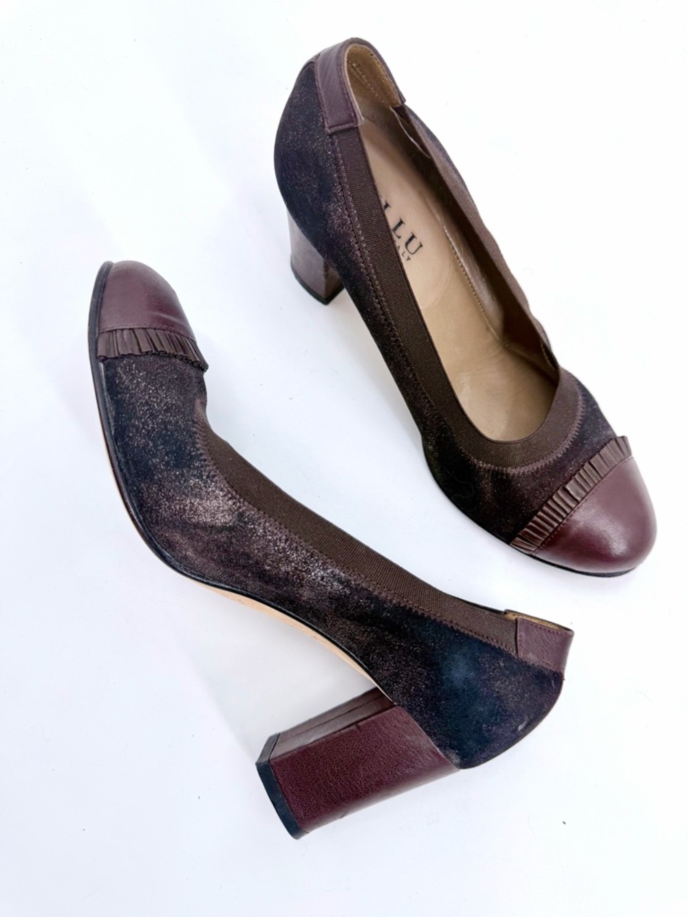 ANYI LU Metallic Suede Cap Toe Block Heel Pumps Brown Bronze - Picture 6 of 10